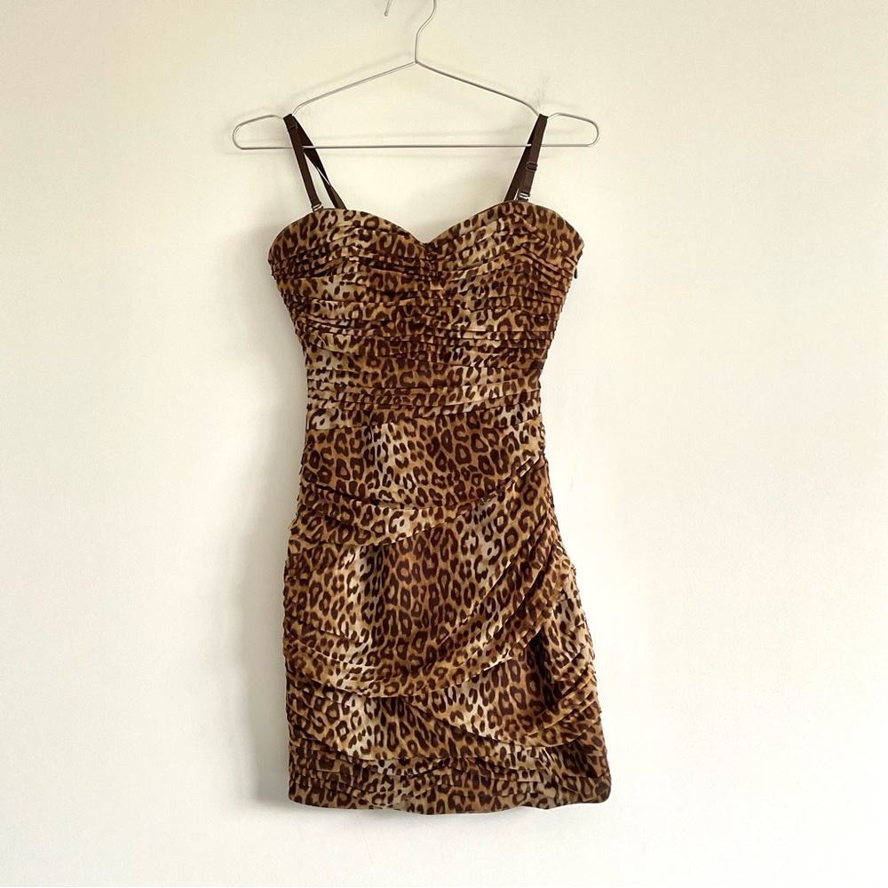 Bcbgmaxazria Women's Brown And Tan Dress Bodycon Animal Print Rushed Size 2